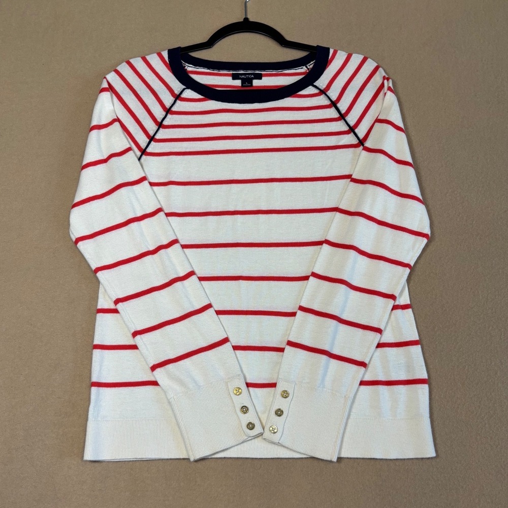 Nautica Womens Red White Striped Cotton Sweater Gold Button Cuff Large